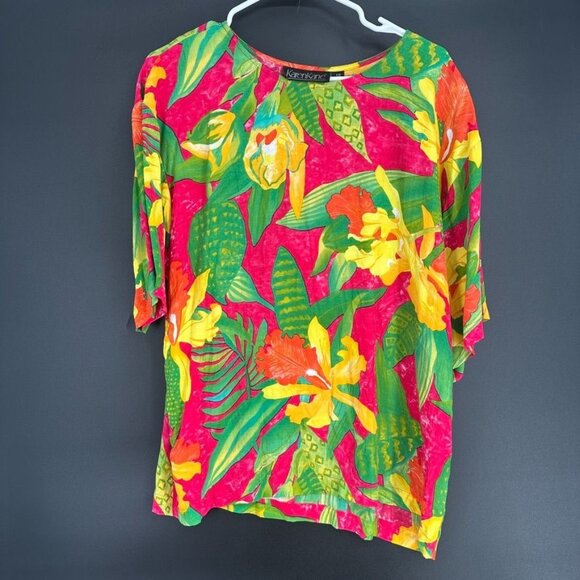 Vintage Karen Kane Pink Green Tropical Flower Floral Print Shirt 12 Large USA - Picture 1 of 7